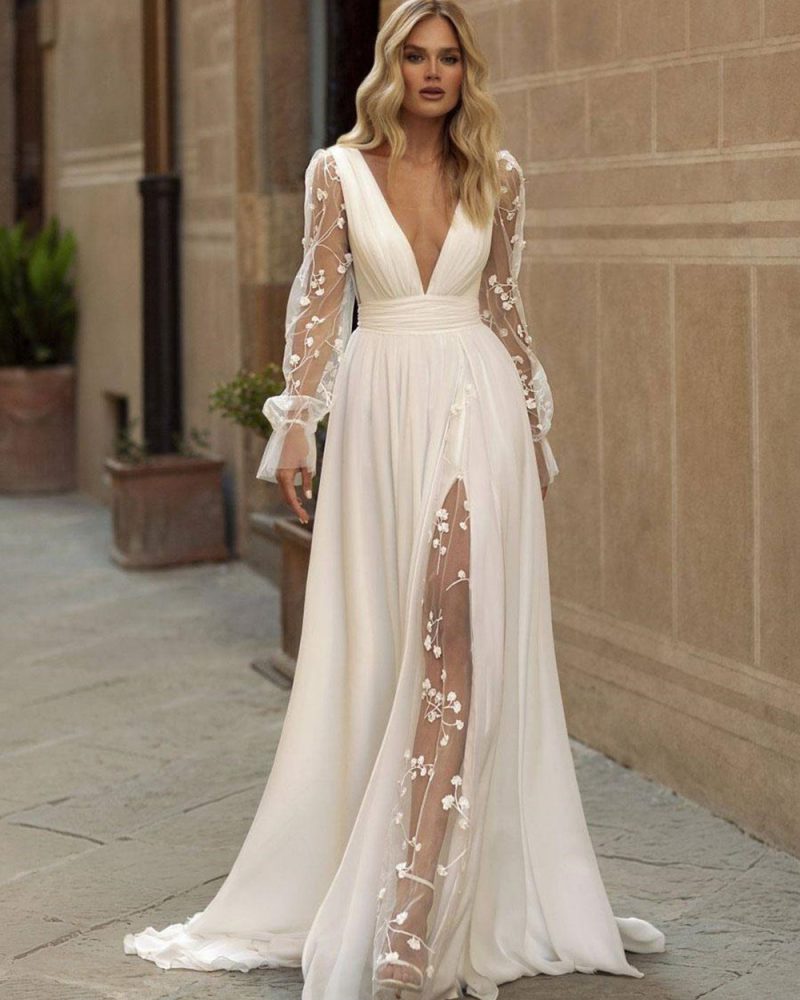 Boho Wedding Dress Lace A-Line Long Sleeves V-Neck Wedding Gown