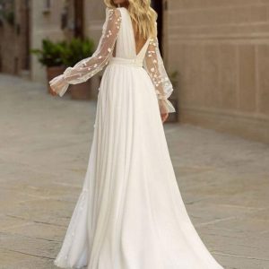 Boho Wedding Dress Lace A-Line Long Sleeves V-Neck Wedding Gown - Image 4