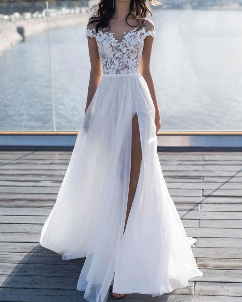 Boho Wedding Dresses Lace Off The Shoulder Split Front Bridal Dress With Train
