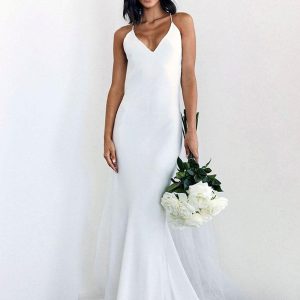 Criss-Cross Spaghetti Straps Lace-Up Backless Satin Fabric Bridal Dresses - Image 2