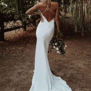 Criss-Cross Spaghetti Straps Lace-Up Backless Satin Fabric Bridal Dresses - Image 4