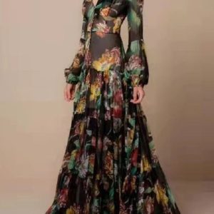 Elegant Floral Print Lantern Long Sleeve Casual Chiffon V-Neck Large Swing Dress