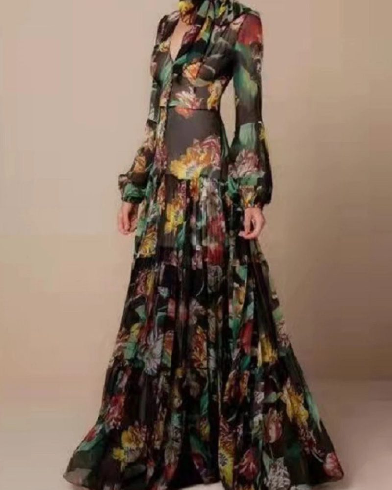Elegant Floral Print Lantern Long Sleeve Casual Chiffon V-Neck Large Swing Dress