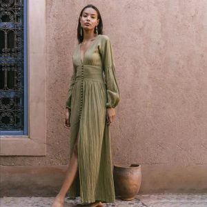 Femme Boho Vintage Long Split Button Down Gothic Robes Maxi Dress