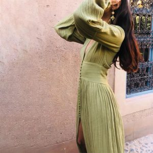 Femme Boho Vintage Long Split Button Down Gothic Robes Maxi Dress - Image 2