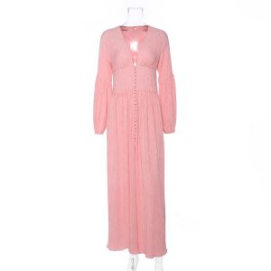 Femme Boho Vintage Long Split Button Down Gothic Robes Maxi Dress - Image 3