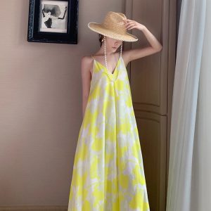 Floral Print Backless Robe Femme Boho Beach Spaghetti Strap Dress