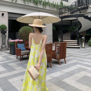 Floral Print Backless Robe Femme Boho Beach Spaghetti Strap Dress - Image 2