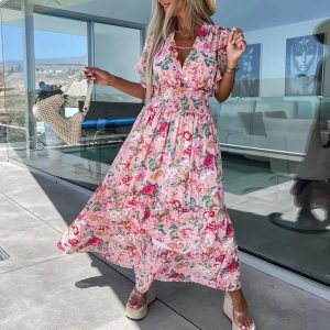 Floral Print Elastic Waist Boho V-Neck Fashion Draped Pleated Long Party Maxi Dress