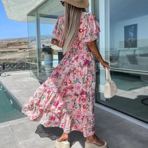 Floral Print Elastic Waist Boho V-Neck Fashion Draped Pleated Long Party Maxi Dress - Image 2