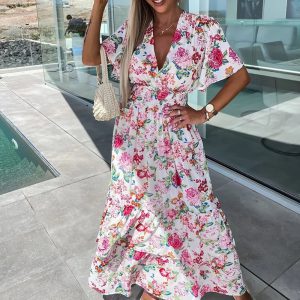 Floral Print Elastic Waist Boho V-Neck Fashion Draped Pleated Long Party Maxi Dress - Image 4