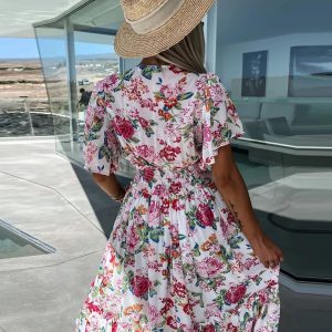 Floral Print Elastic Waist Boho V-Neck Fashion Draped Pleated Long Party Maxi Dress - Image 5