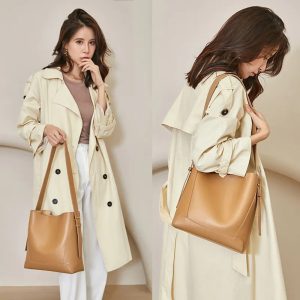 High Quality Bucket Solid Bag Split Leather Luxury One-shoulder Commute Tote High-capacity Handbag - Image 2