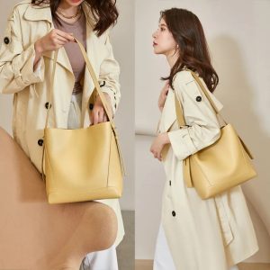 High Quality Bucket Solid Bag Split Leather Luxury One-shoulder Commute Tote High-capacity Handbag - Image 3