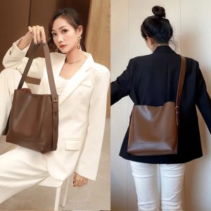 High Quality Bucket Solid Bag Split Leather Luxury One-shoulder Commute Tote High-capacity Handbag - Image 4