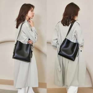 High Quality Bucket Solid Bag Split Leather Luxury One-shoulder Commute Tote High-capacity Handbag - Image 5