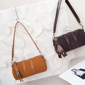 High Quality Underarm Retro Cylindrical Frosted Cowhide Shoulder Crossbody Bag - Image 5