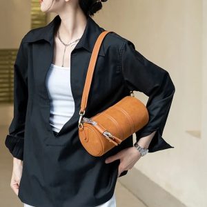 High Quality Underarm Retro Cylindrical Frosted Cowhide Shoulder Crossbody Bag