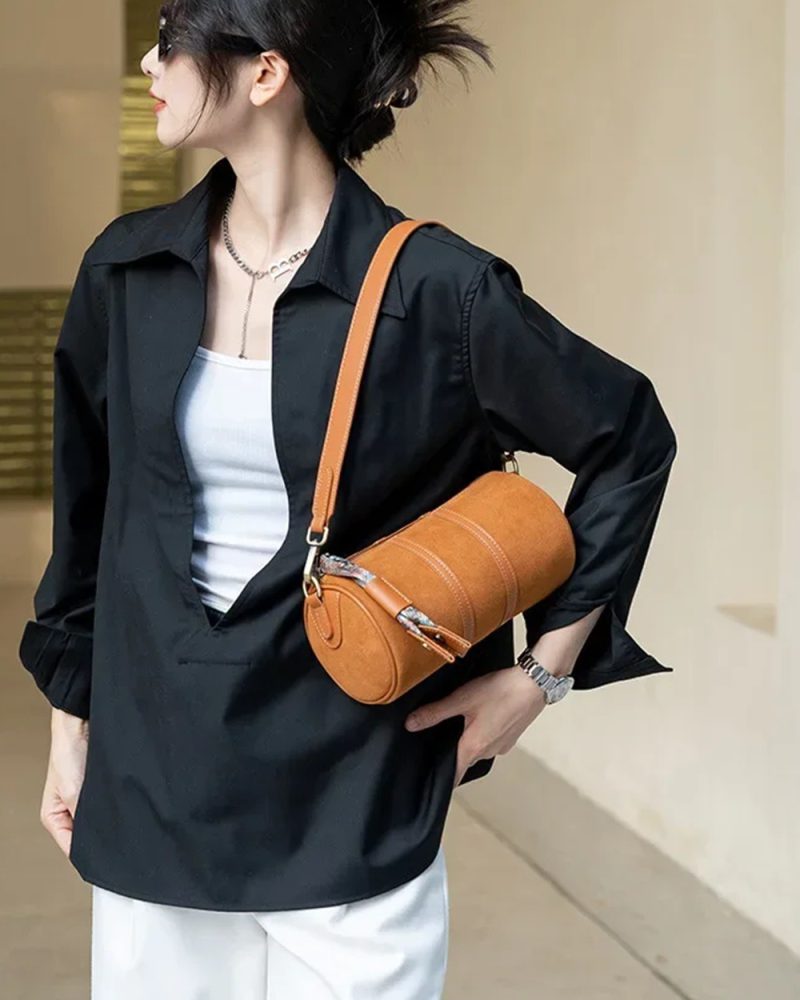 High Quality Underarm Retro Cylindrical Frosted Cowhide Shoulder Crossbody Bag