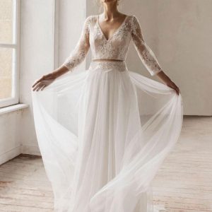 Ivory Boho Wedding Dress Lace Long Sleeves V-Neck Bridal Dress