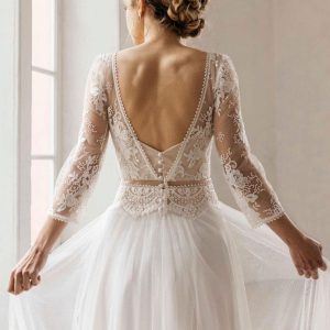 Ivory Boho Wedding Dress Lace Long Sleeves V-Neck Bridal Dress - Image 2