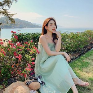 Off Shoulder Temperament Goddess Holiday Beach Sleeveless Spaghetti Strap Dress - Image 5