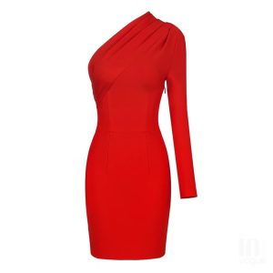 One-Shoulder Long Sleeve Strapless Girdle The Waist Celebrity Cocktail Party Bandage Dress - Image 2