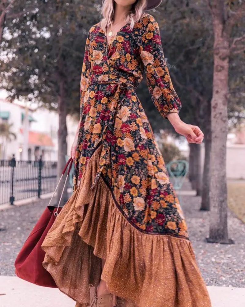 Printing Floral Vintage Irregular Mujer Chic Boho Floor Length Maxi Dress