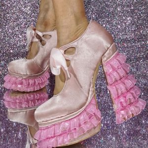 Satin High Heels Pink Platform Lace Detail Pumps