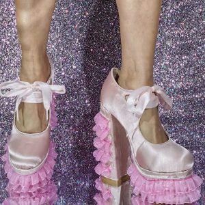 Satin High Heels Pink Platform Lace Detail Pumps - Image 2