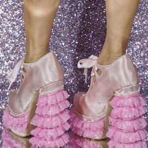 Satin High Heels Pink Platform Lace Detail Pumps - Image 3