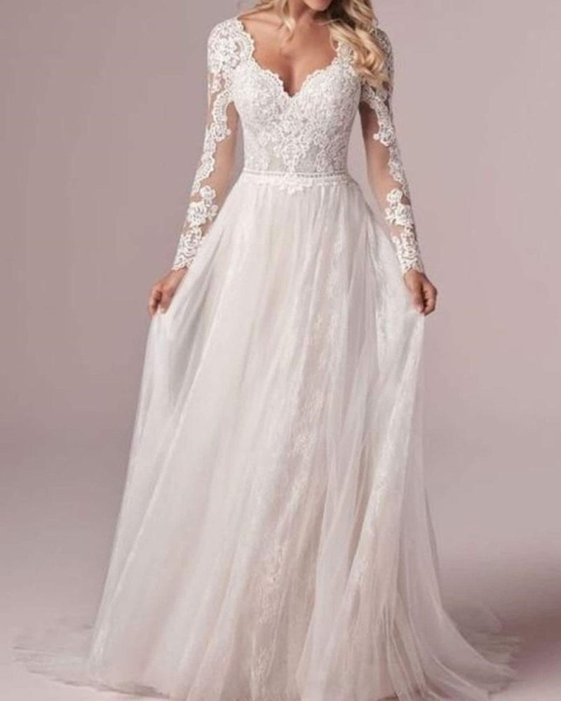 Simple Wedding Dress Long Sleeves Backless Lace Bridal Gowns