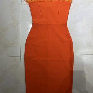 Strapless Backless Feather Midi Women Bodycon Bandage Dress Designer Fashion Party Club Dress Vestidos - Image 2
