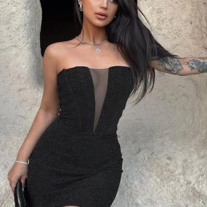 Strapless Sleeveless Off Shoulder Tulle Mini Dresses In Solid Color