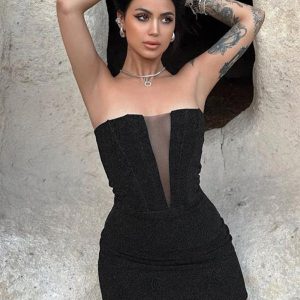 Strapless Sleeveless Off Shoulder Tulle Mini Dresses In Solid Color - Image 2