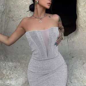 Strapless Sleeveless Off Shoulder Tulle Mini Dresses In Solid Color - Image 5
