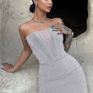 Strapless Sleeveless Off Shoulder Tulle Mini Dresses In Solid Color - Image 6