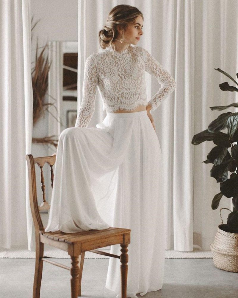 Two-piece  Lace Floor-Length High Collar Wedding Dresses