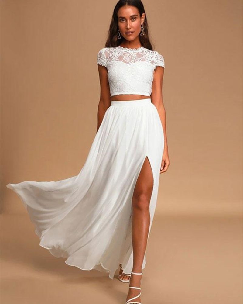 Two-piece Wedding Dress Chiffon Lace A-Line Floor-Length Bridal Dress