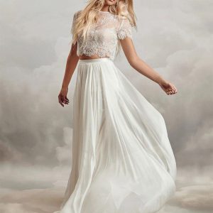 Two-piece Wedding Dress Lace  A-Line With Train Short Sleeves Bridal Dress