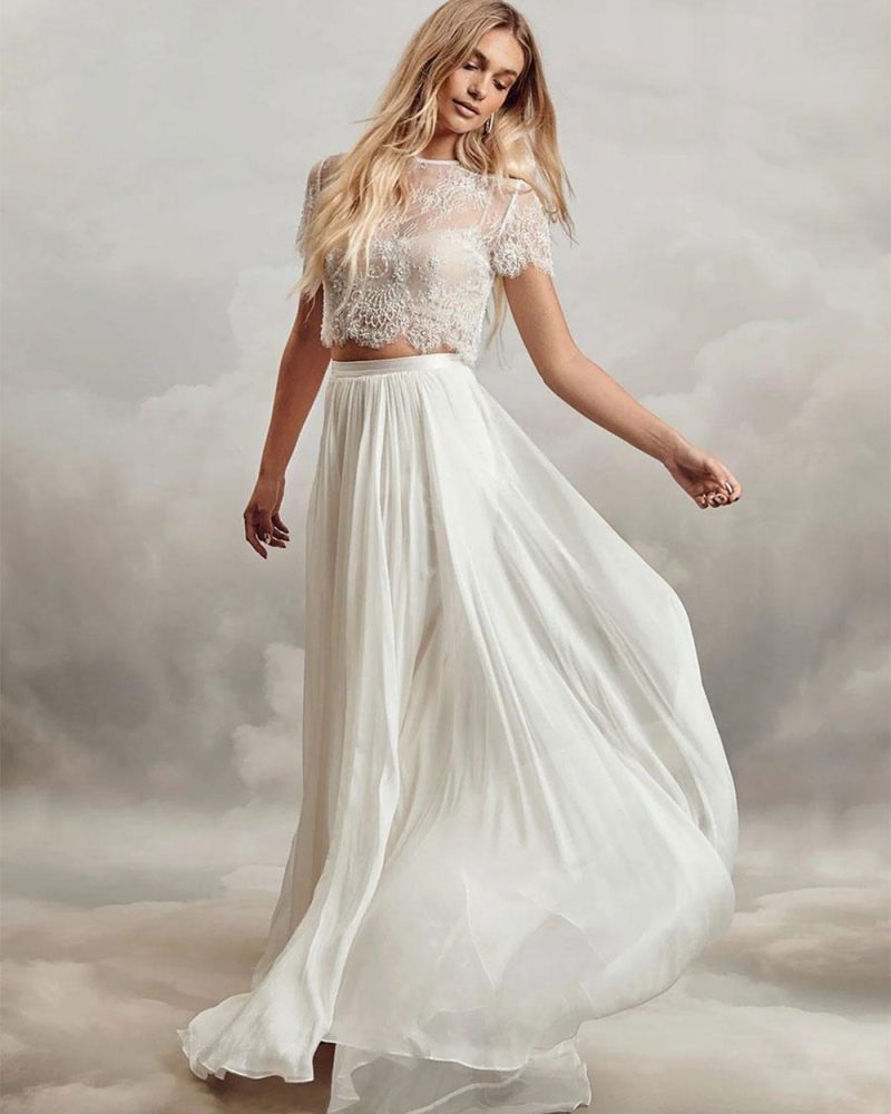 Two-piece Wedding Dress Lace  A-Line With Train Short Sleeves Bridal Dress