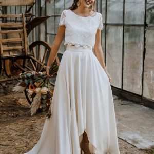 Two-piece Wedding Dress Stretch Crepe  A-Line Sweep Bridal Dress - Image 5