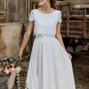 Two-piece Wedding Dress Stretch Crepe  A-Line Sweep Bridal Dress