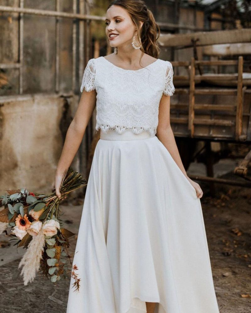 Two-piece Wedding Dress Stretch Crepe  A-Line Sweep Bridal Dress