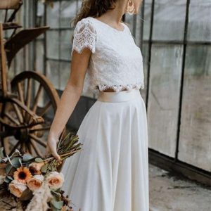Two-piece Wedding Dress Stretch Crepe  A-Line Sweep Bridal Dress - Image 3