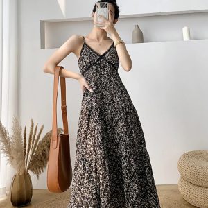 Vintage Floral Print High Waist Medium Long V-neck  Beach Party Spaghetti Strap Dresses