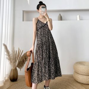 Vintage Floral Print High Waist Medium Long V-neck  Beach Party Spaghetti Strap Dresses - Image 2