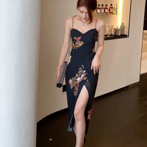 Vintage Split Floral Print Spaghetti Strap Elegant Holiday Party Dresses