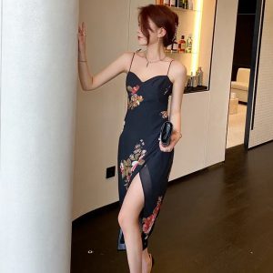 Vintage Split Floral Print Spaghetti Strap Elegant Holiday Party Dresses - Image 2