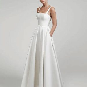 Vintage Wedding Dresses Square Neckline Court Train Sash Bridal Dress - Image 3